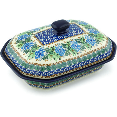 Polish Pottery Dish with Cover 10&quot; Sapphire Lotus UNIKAT