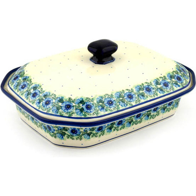 Polish Pottery Dish with Cover 12&quot; Blue Bell Wreath