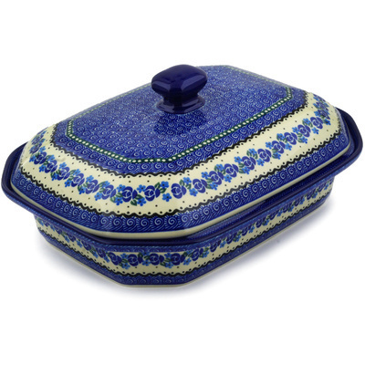 Polish Pottery Dish with Cover 12&quot; Blue Bud Sea