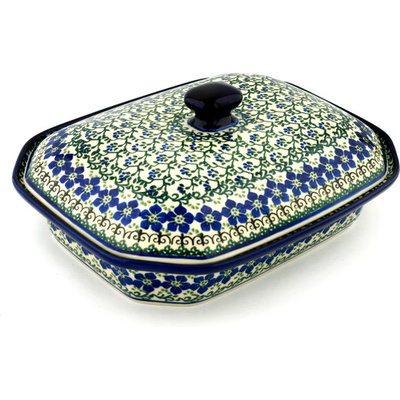 Polish Pottery Dish with Cover 12&quot; Blue Dogwood