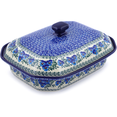 Polish Pottery Dish with Cover 12&quot; Blue Pansy
