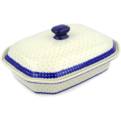Polish Pottery Dish with Cover 12&quot; Blue Polka Dot