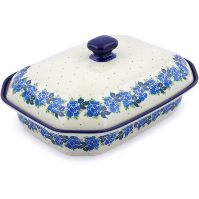 Polish Pottery Dish with Cover 12&quot; Blue Rose
