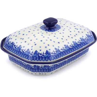 Polish Pottery Dish with Cover 12&quot; Blue Winter