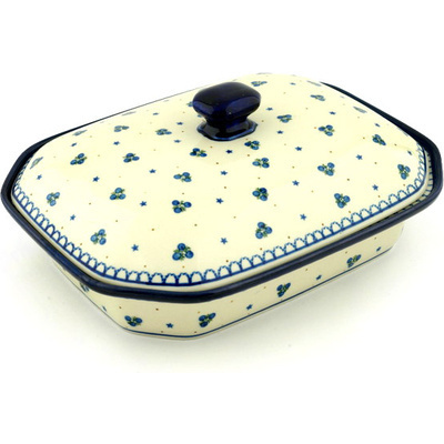 Polish Pottery Dish with Cover 12&quot; Blueberry Stars