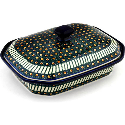 Polish Pottery Dish with Cover 12&quot; Emerald Peacock
