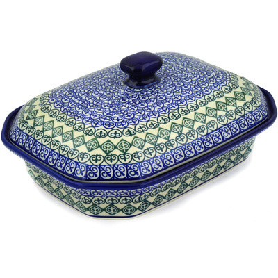 Polish Pottery Dish with Cover 12&quot; Fleur De Lis