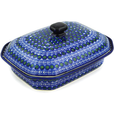 Polish Pottery Dish with Cover 12&quot; Green Peacock Eyes