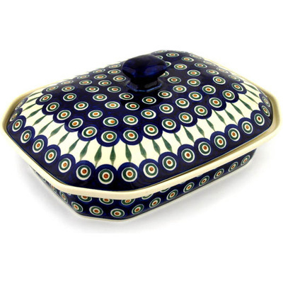 Polish Pottery Dish with Cover 12&quot; Peacock Leaves