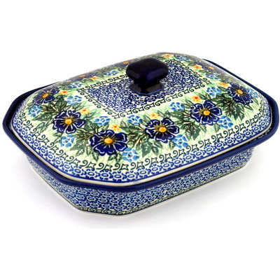 Polish Pottery Dish with Cover 12&quot; Pretty Periwinkle UNIKAT