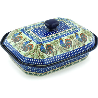 Polish Pottery Dish with Cover 12&quot; Rooster Row UNIKAT