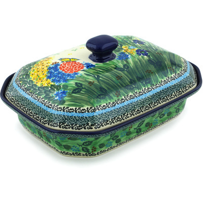 Polish Pottery Dish with Cover 12&quot; Spring Garden UNIKAT