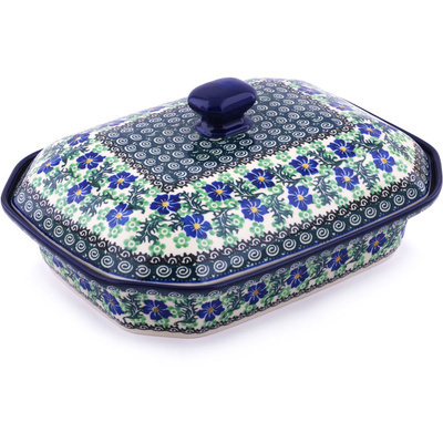 Polish Pottery Dish with Cover 12&quot; Swirling Emeralds