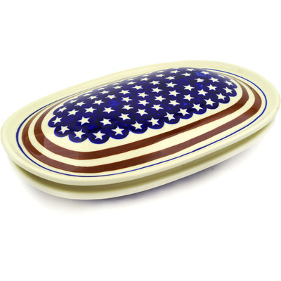 Polish Pottery Dish with Cover 13&quot; Stars And Stripes
