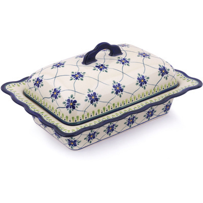Polish Pottery Dish with Cover 14&quot; Gingham Trellis