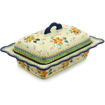 Polish Pottery Dish with Cover 14&quot; Orange Clematis