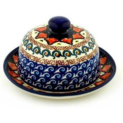 Polish Pottery Dish with Cover 5&quot; Coral Diamonds UNIKAT