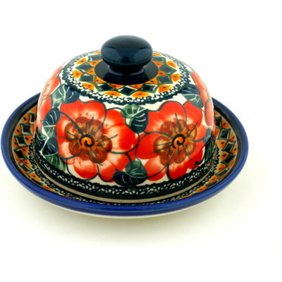Polish Pottery Dish with Cover 5&quot; Peach Poppies UNIKAT