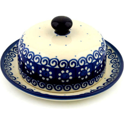 Polish Pottery Dish with Cover 6&quot; Black Daisy Swirl