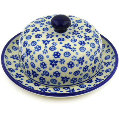 Polish Pottery Dish with Cover 6&quot; Blue Confetti