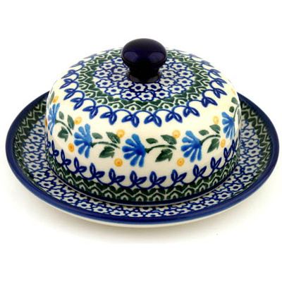 Polish Pottery Dish with Cover 6&quot; Blue Fan Flowers