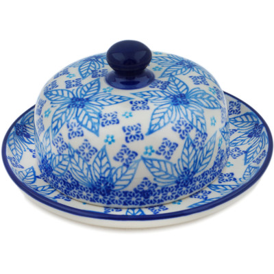 Polish Pottery Dish with Cover 6&quot; Blue Poinsettia UNIKAT