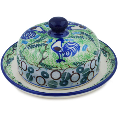 Polish Pottery Dish with Cover 6&quot; Blue Rooster UNIKAT