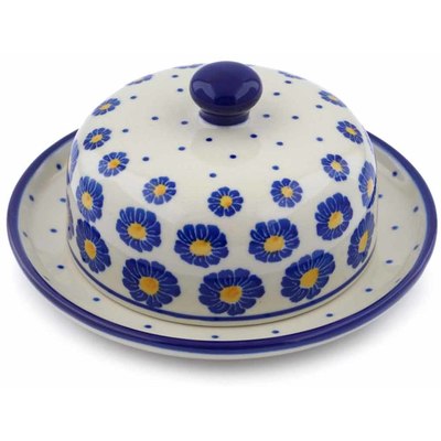 Polish Pottery Dish with Cover 6&quot; Blue Zinnia