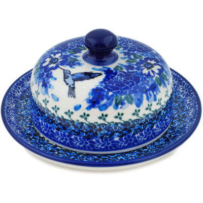 Polish Pottery Dish with Cover 6&quot; Hummingbird Blue UNIKAT