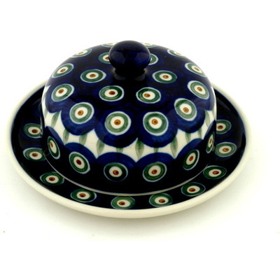 Polish Pottery Dish with Cover 6&quot; Peacock Leaves