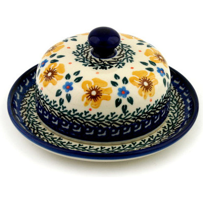 Polish Pottery Dish with Cover 6&quot; Sea Fall Yellow Flowers