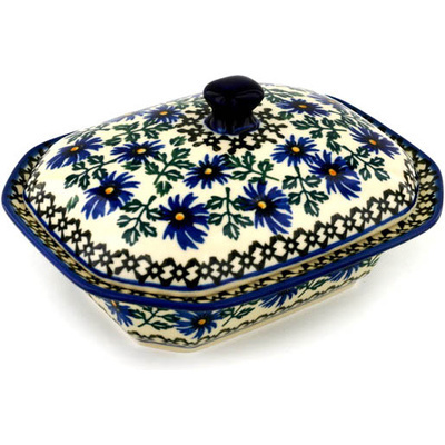 Polish Pottery Dish with Cover 7&quot; Blue Chicory