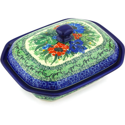 Polish Pottery Dish with Cover 7&quot; Emerald Meadow UNIKAT