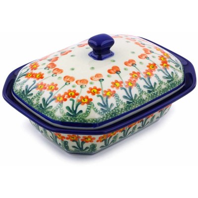 Polish Pottery Dish with Cover 7&quot; Peach Spring Daisy
