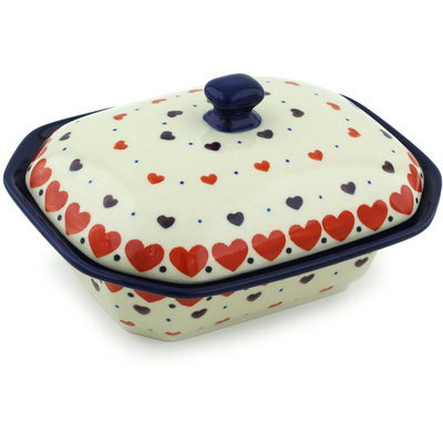 Polish Pottery Dish with Cover 7&quot; Red Hearts Delight