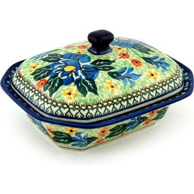 Polish Pottery Dish with Cover 7&quot; Sapphire Hibiscus UNIKAT