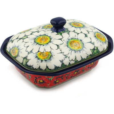 Polish Pottery Dish with Cover 7&quot; Sweet Red Petals UNIKAT