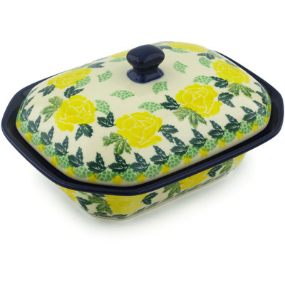 Polish Pottery Dish with Cover 7&quot; Yellow Rose
