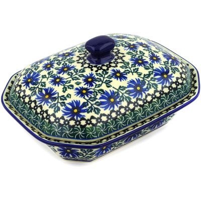 Polish Pottery Dish with Cover 8&quot; Blue Chicory
