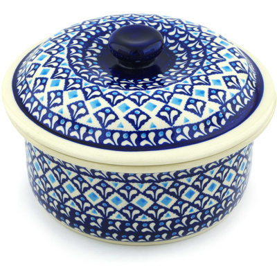 Polish Pottery Dish with Cover 8&quot; Blue Diamond