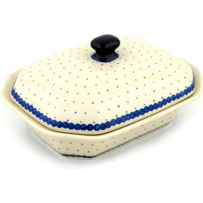 Polish Pottery Dish with Cover 8&quot; Blue Polka Dot