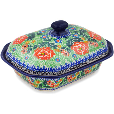 Polish Pottery Dish with Cover 8&quot; Bold Carnation UNIKAT