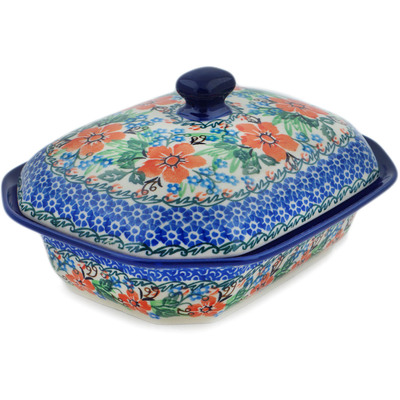 Polish Pottery Dish with Cover 8&quot; Brilliant Pansy UNIKAT