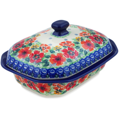 Polish Pottery Dish with Cover 8&quot; Candy Red Poppy UNIKAT