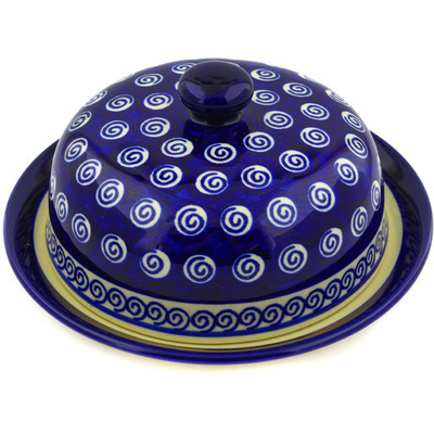 Polish Pottery Dish with Cover 8&quot; Cobalt Swirl