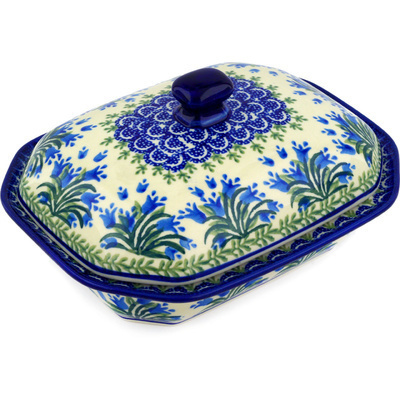 Polish Pottery Dish with Cover 8&quot; Feathery Bluebells