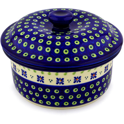 Polish Pottery Dish with Cover 8&quot; Green Gingham Peacock