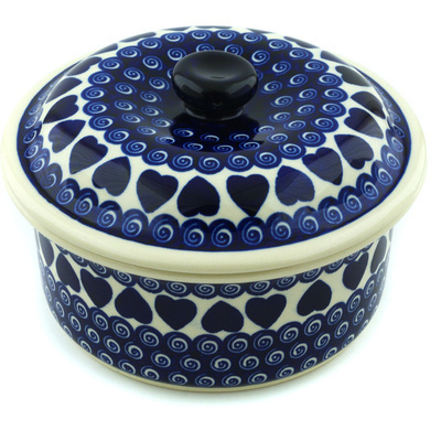 Polish Pottery Dish with Cover 8&quot; Heart Swirls