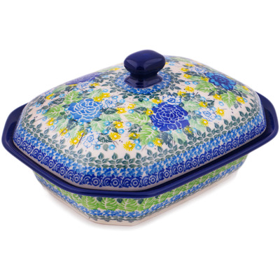 Polish Pottery Dish with Cover 8&quot; Lime Bouquet UNIKAT