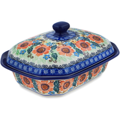 Polish Pottery Dish with Cover 8&quot; Orange Wreath UNIKAT